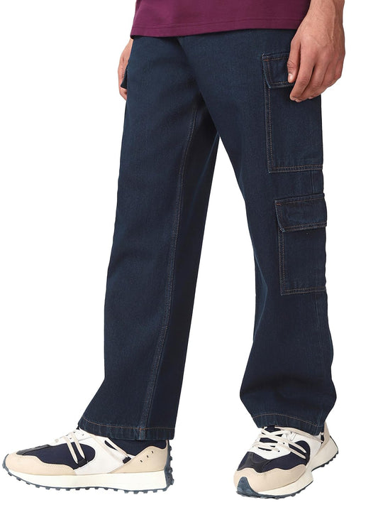 Bewakoof Mens Washed Straight Fit Cotton Cargo Jeans_654893_Blue_36