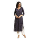 Varanga Women Navy Blue Ethnic Motifs Straight Kurta  Round Neckline With V Notch, 3/4Th Sleeves, Side Slit, Printed Design, Com
