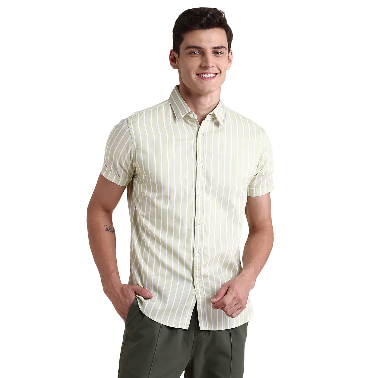 Dennis Lingo MenS Beige Striped Slim Fit Casual Shirt