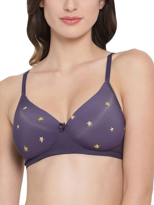 Clovia Womens Level 1 Push Up Underwired Demi Cup Star Print T-Shirt Bra (BR1040R15_Purple_34D)
