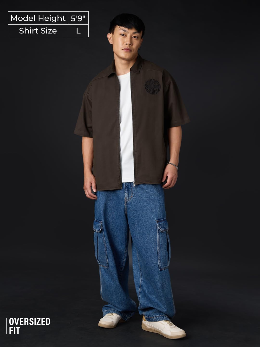 The Souled Store Kung Fu Panda: Po Men and Boys Half Sleeve Spread Collar Button Front Dark Brown Embroidered Cotton Oversized S