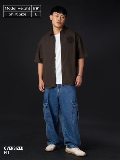 The Souled Store Kung Fu Panda: Po Men and Boys Half Sleeve Spread Collar Button Front Dark Brown Embroidered Cotton Oversized S