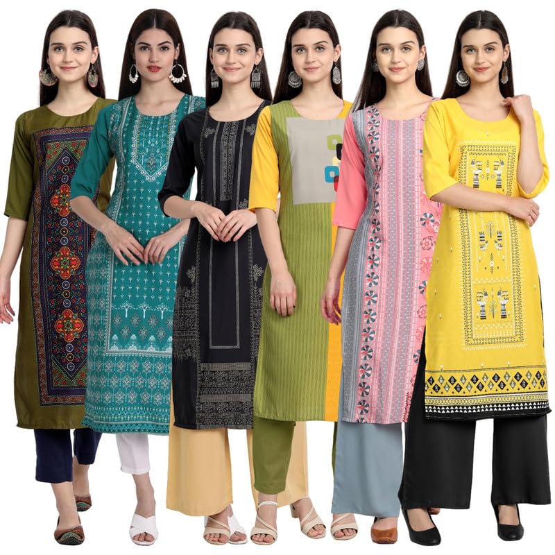 Tee Projekt Printed Crepe Kurti For Women Ll Vibrant Colour Kurti (Pack Of 6)