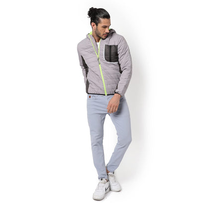 Campus Sutra Mens Grey Solid Puffer Regular Fit Bomber Jacket For Winter Wear | Hooded Collar | Full Sleeve | Zipper | Casual J