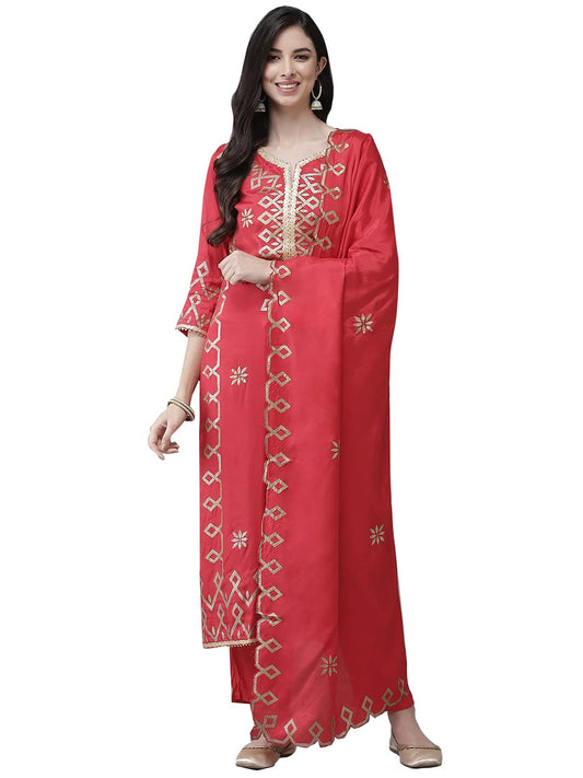 ishin Women's Silk Blend Embroidered Gotta Patti Red Ethnic Motifs Print Straight Kurta suit set With Dupatta & Trouser