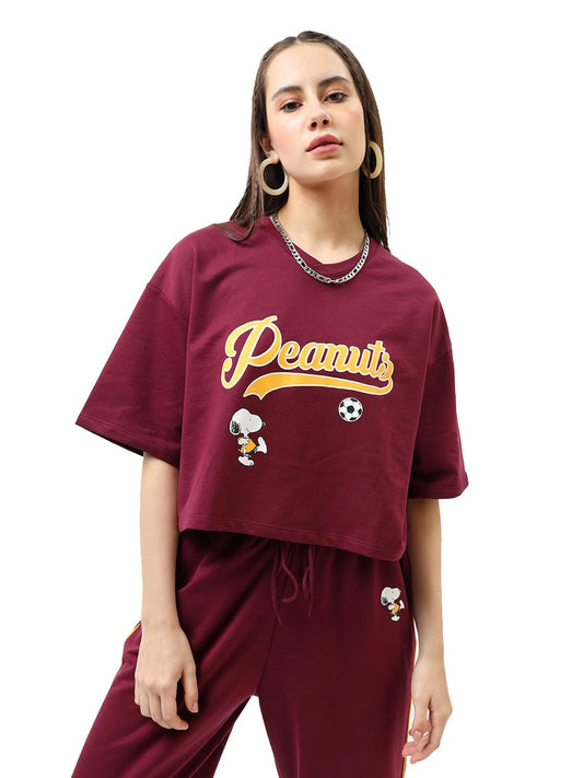 Bewakoof Official Peanuts Merchandise Womens Graphic Print Oversized Fit Half Sleeve V-Neck Poly Cotton Short Top_603378_Maroon