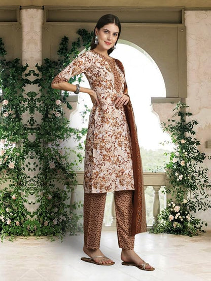 Pinkmint Women Kurta Set Cotton Straight Kurti & Pant With Duppatta Set (Pack of 1)