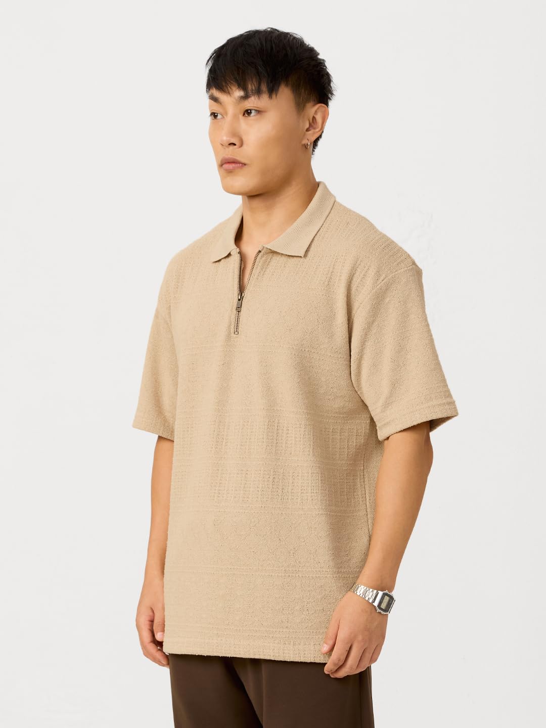 The Souled Store Canoli Short Sleeve Collared Neck Oversized Fit Textured Cotton Zipper Polos for Men and Boys