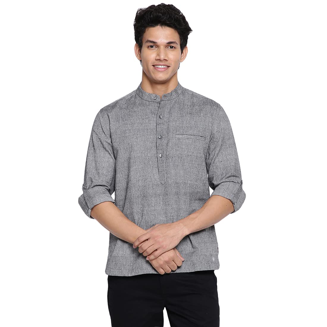 Fabindia Woven Men Grey Cotton Slim Fit Mid Placket Shirt (102745501