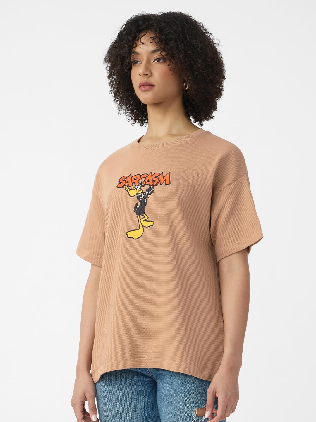 The Souled Store Textured T-Shirt: Looney Tunes Women and Girls Short Sleeves Round Neck Brown Embroidered Cotton Oversized T-Sh