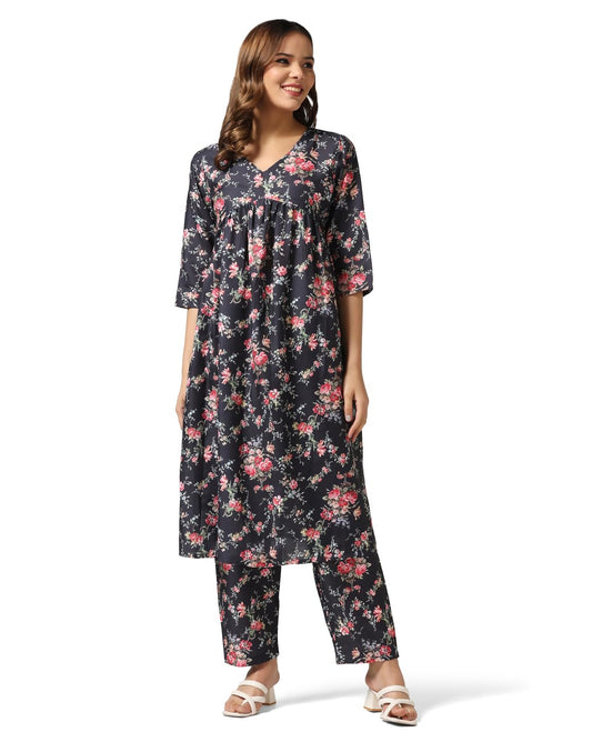 Leriya Fashion Rayon Alia Cut Kurta Set For Women | Alia Cut Kurta Set For Women | Ethnic Co-Ord Set For Women (Large, Black)