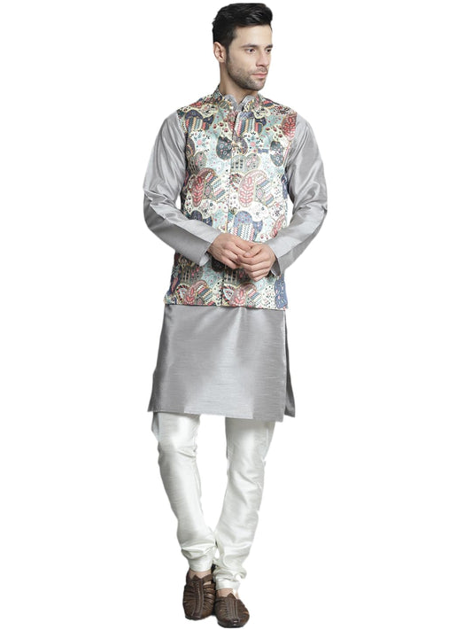 Jompers Mens Digital Print And Zari Work Nehru Jacket With Kurta Pyjama Set