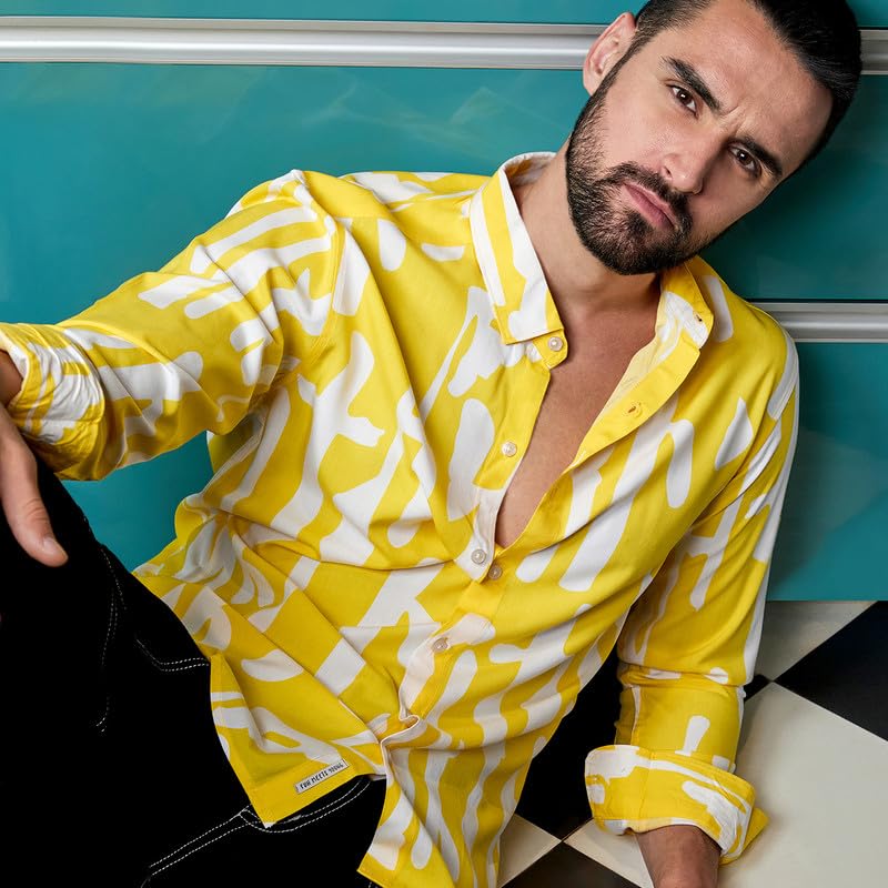 Campus Sutra Mens Lemon Yellow Abstract Print Shirt for Everyday Wear | Spread Collar | Button Closure | Long Sleeve | Heavy Ra