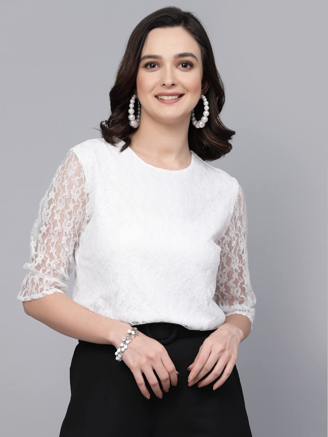 Style Quotient Women White Self Design Cotton Lace Regular Smart Casual Top