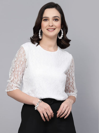 Style Quotient Women White Self Design Cotton Lace Regular Smart Casual Top