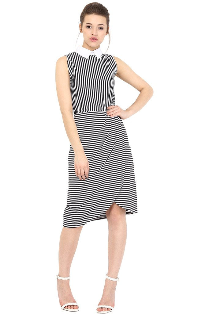 Miss Chase WomenS Pleated Knee-Long Dress (Mcss16D07-24-98-05_Black And White_Large)