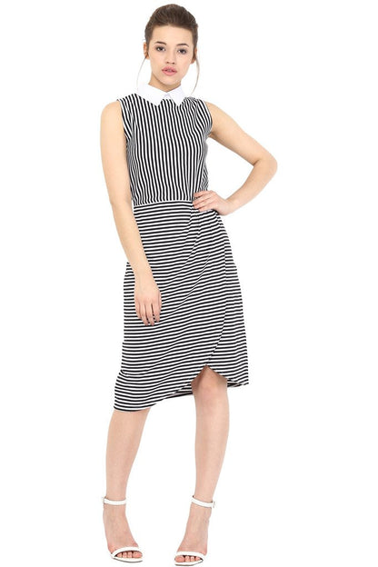 Miss Chase WomenS Pleated Knee-Long Dress (Mcss16D07-24-98-05_Black And White_Large)