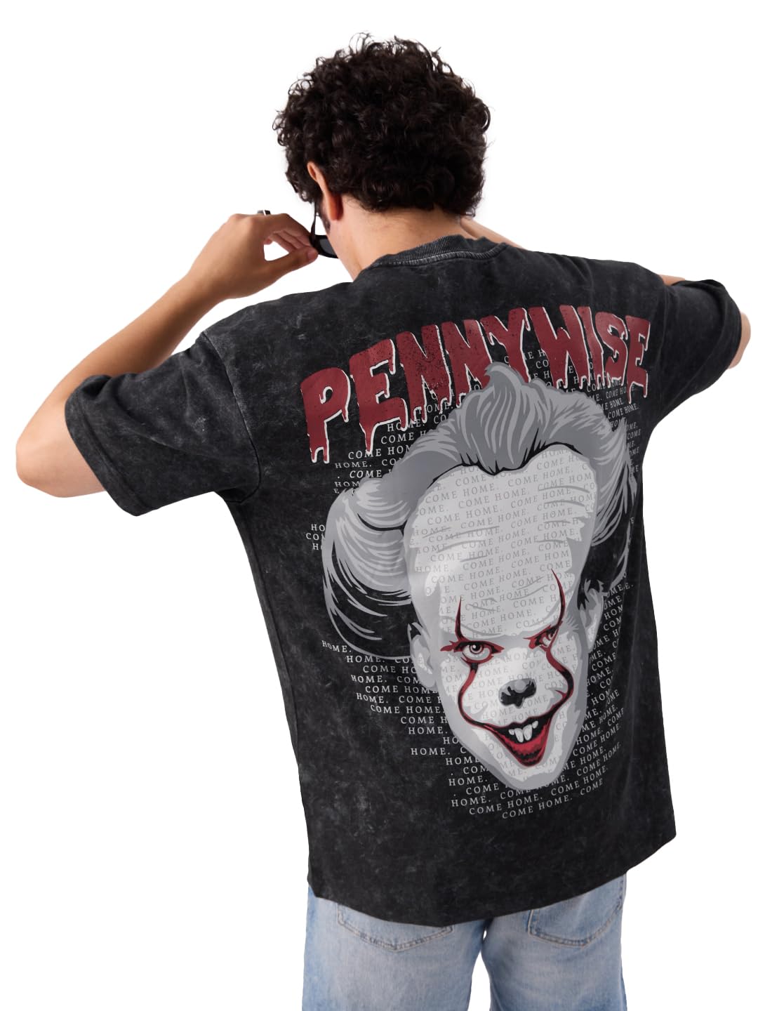 The Souled Store Official Pennywise: Time to Float Men and Boys Short Sleeve Round Neck Grey Graphic Printed Cotton Oversized T-