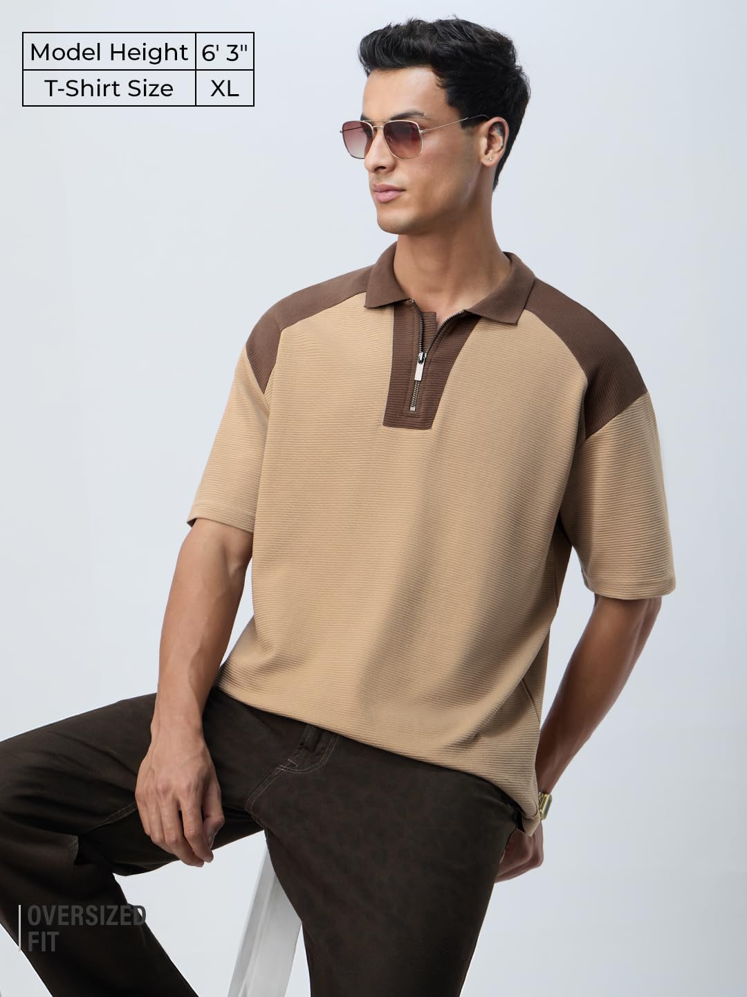The Souled Store Ottoman Colourblock: Sepia Men and Boys Short Sleeves Collared Neck Brown Cotton Blend Oversized Zipper Polos