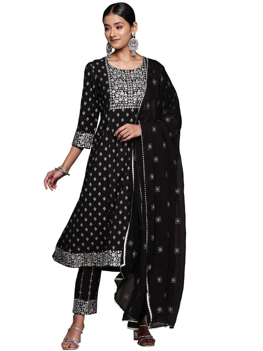 ZIYAA Women's Black Crepe Kurta, Pant and Dupatta Set