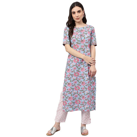 idaLia Hand Block Print Sky Blue Cotton Kurta with Cotton Pants