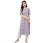 idaLia Hand Block Print Sky Blue Cotton Kurta with Cotton Pants