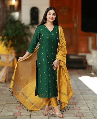 GoSriKi Women's Kurta Set - Silk Cotton, Green, Small, Model SDF Green-VKS01-GS, Elegant 3 Piece Dupatta Kurti Set