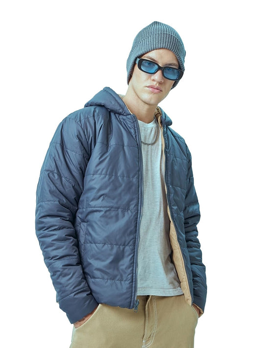 Bewakoof Mens Solid Oversized Fit Full Sleeve Hooded Neck Nylon Puffer Jacket 596400 Blue XL