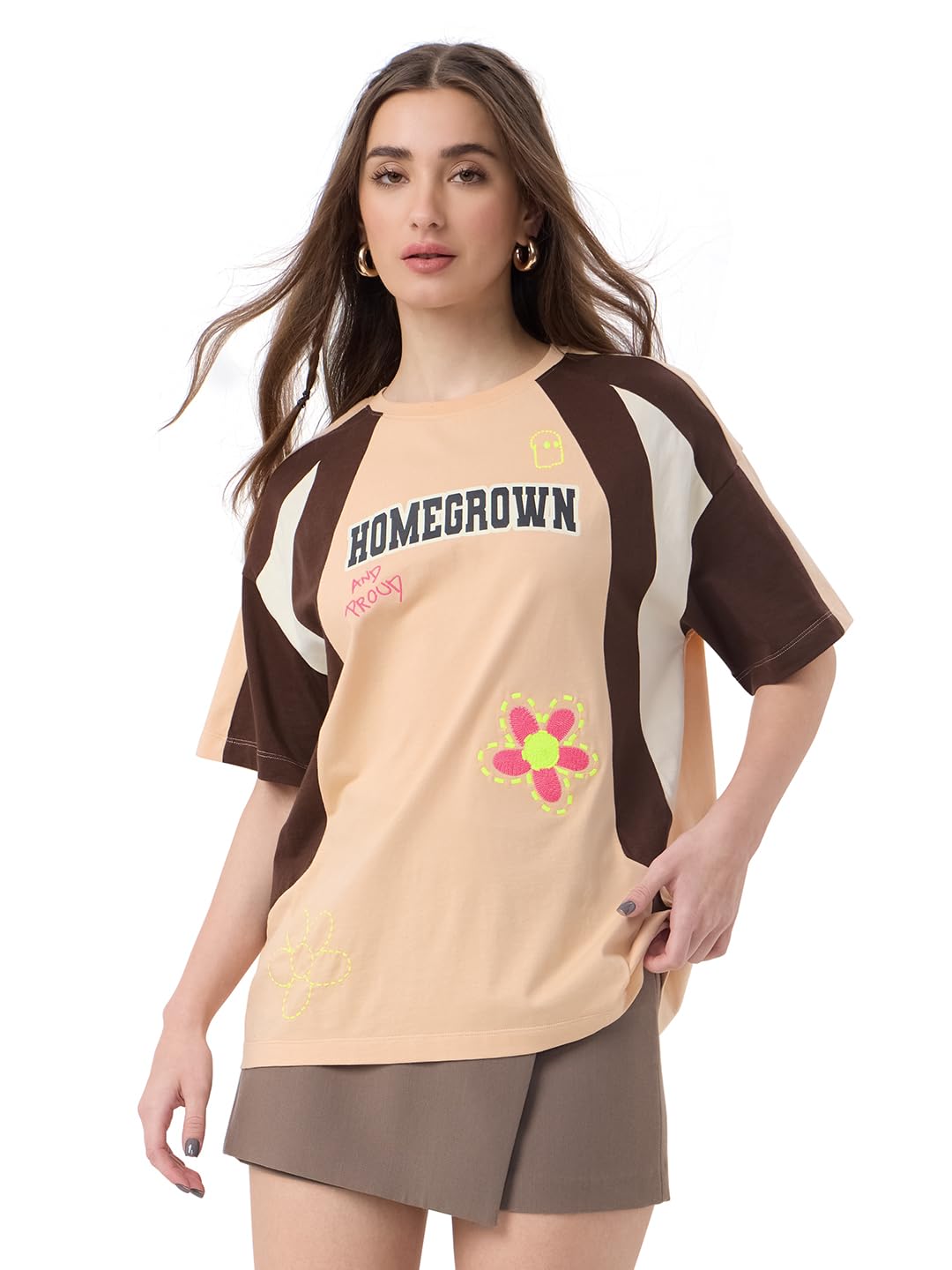 The Souled Store Homegrown Women and Girls Short Sleeves Round Neck Brown Graphic Printed Cotton Oversized T-Shirts