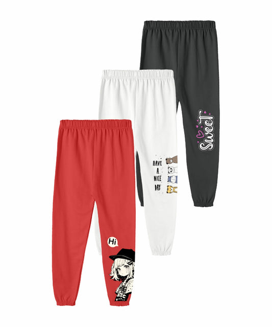SHODOX Girls Cotton Blend Printed Regular fit Track Pants (Pack of 3)