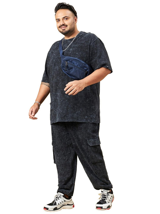 Bewakoof Heavy Duty 1.0 MenS Self Design Oversized Fit Half Sleeve Round Neck Terry Plus Size Acid Wash Co-Ordinates_617342_Blac