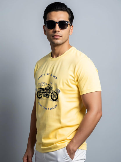 ADRO Men's Royal Bike Design Printed 100% Cotton T-Shirt - Regular Fit, Printed T-Shirts for Men (RN24-RYL-LY_Light Yellow)
