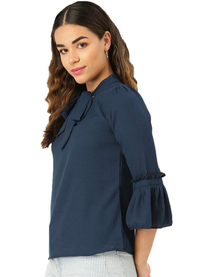 Style Quotient Women Solid Navy Polymoss Regular Smart Casual Top