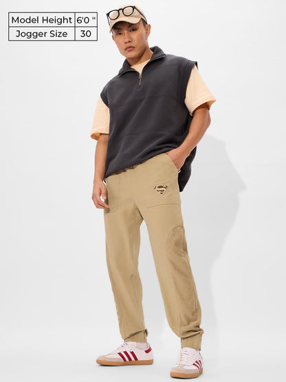 The Souled Store Superman: Logo Men and Boys Drawstringed Beige Embroidered Baggy Fit Cotton Blend Joggers