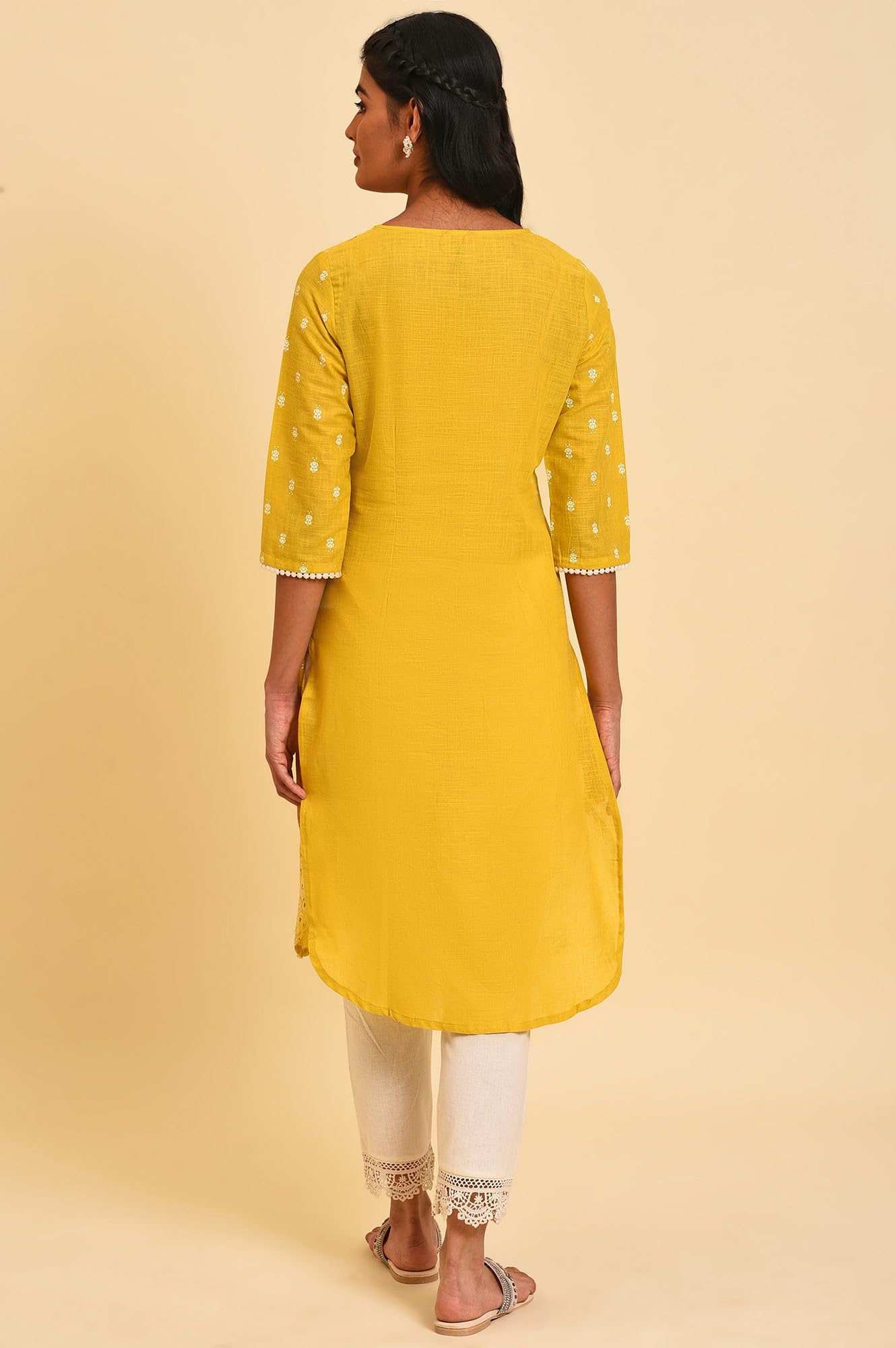 W Yellow Floral Printed Cotton Regular Glitter Lace Kurta For Women
