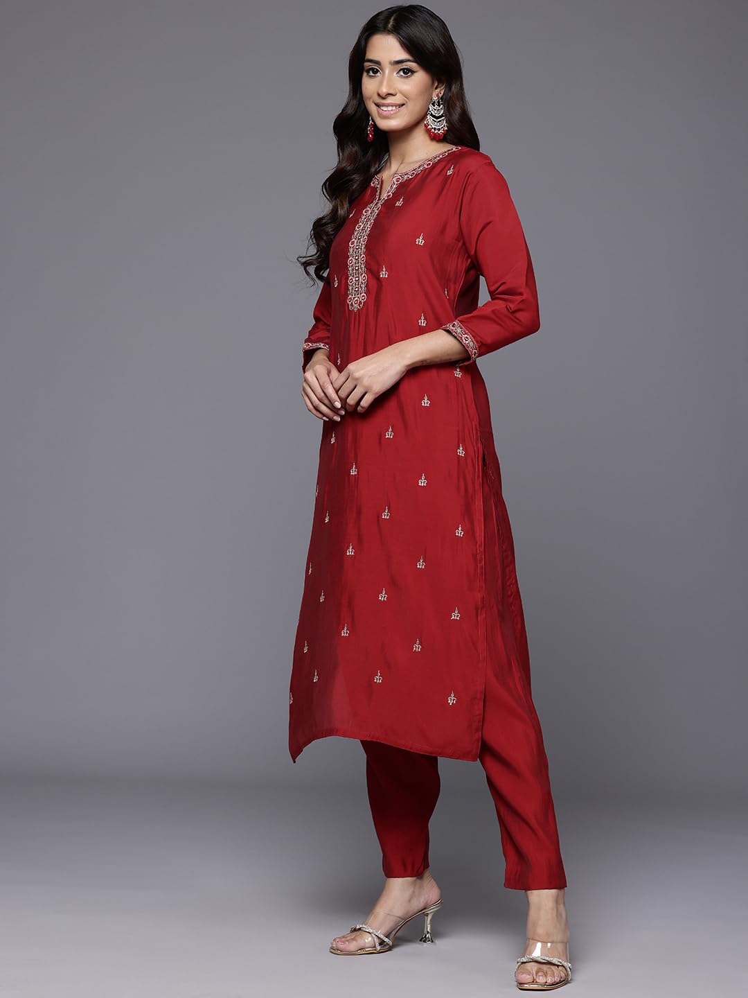 Varanga Women Red Round Neck Placement Embroidered Kurta Paired With Tonal Bottom & Printed Dupatta