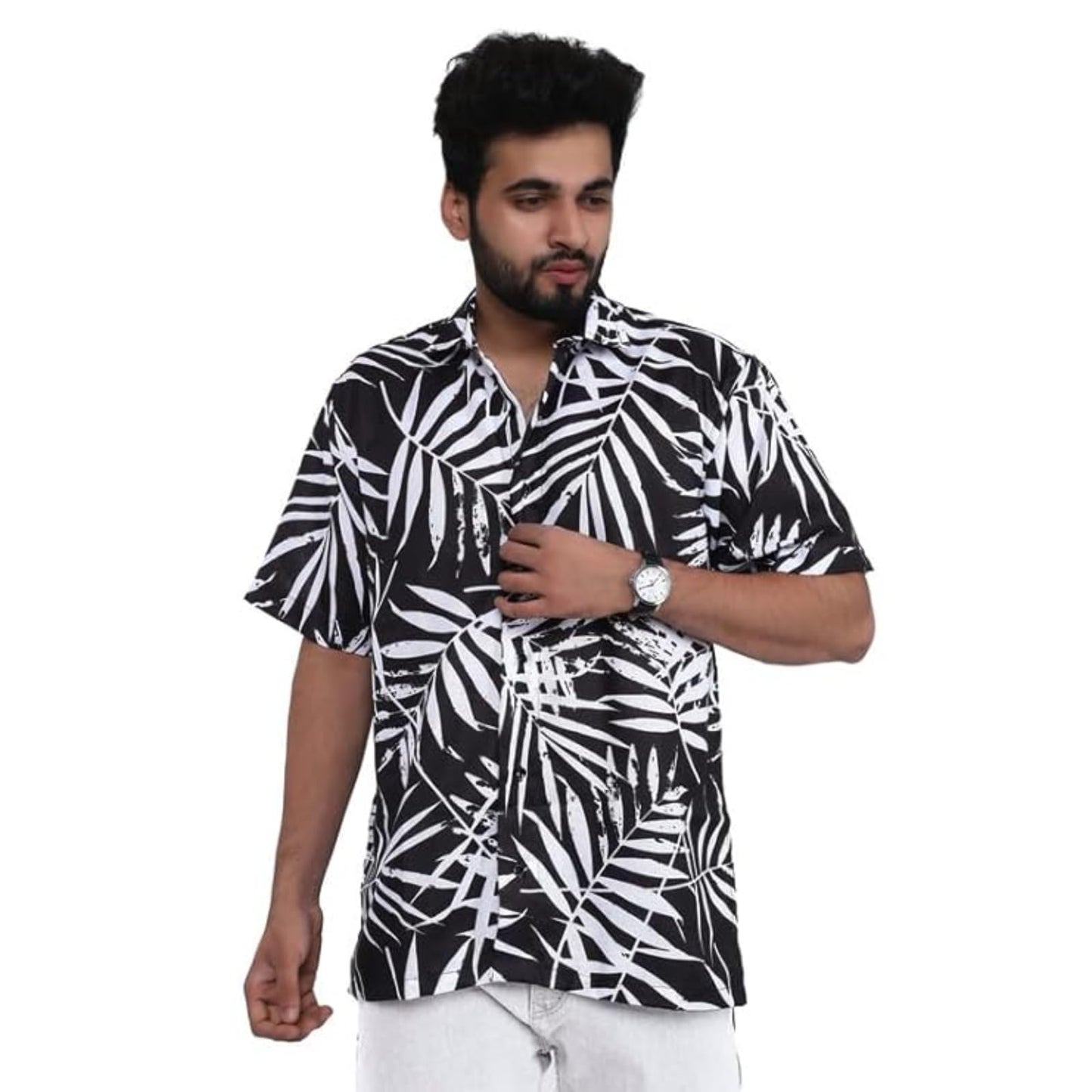Brown Culture MenS Cotton Blend Leaf Print Shirt With Spread Collared Half Sleeves Standard Length And Button Down Closure Type
