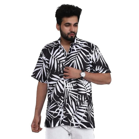 Brown Culture MenS Cotton Blend Leaf Print Shirt With Spread Collared Half Sleeves Standard Length And Button Down Closure Type
