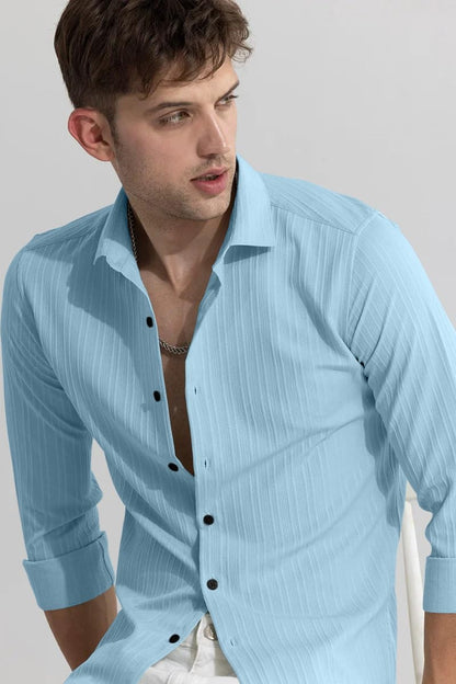 Finivo Fashion MenS Cotton Casual Plain Button Down Shirts Long Sleeve Textured Summer Beach Shirt For Men Sky Blue