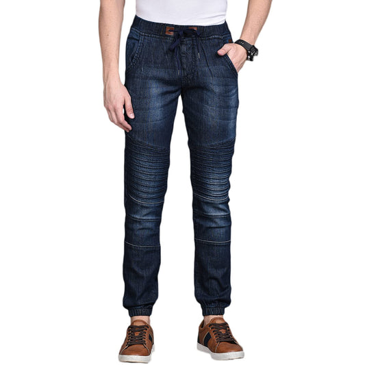 Campus Sutra Mens Classic Blue Dark-Washed Patterned Regular Fit Denim Jeans | Drawstring Mid-Rise Stretchable Cotton Denim Jean