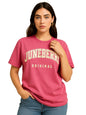 Juneberry 100% Pure Cotton Oversized Drop Shoulders Brand Logo Typography Print Round-Neck Relaxed Fit Pink T-Shirt For Women (J