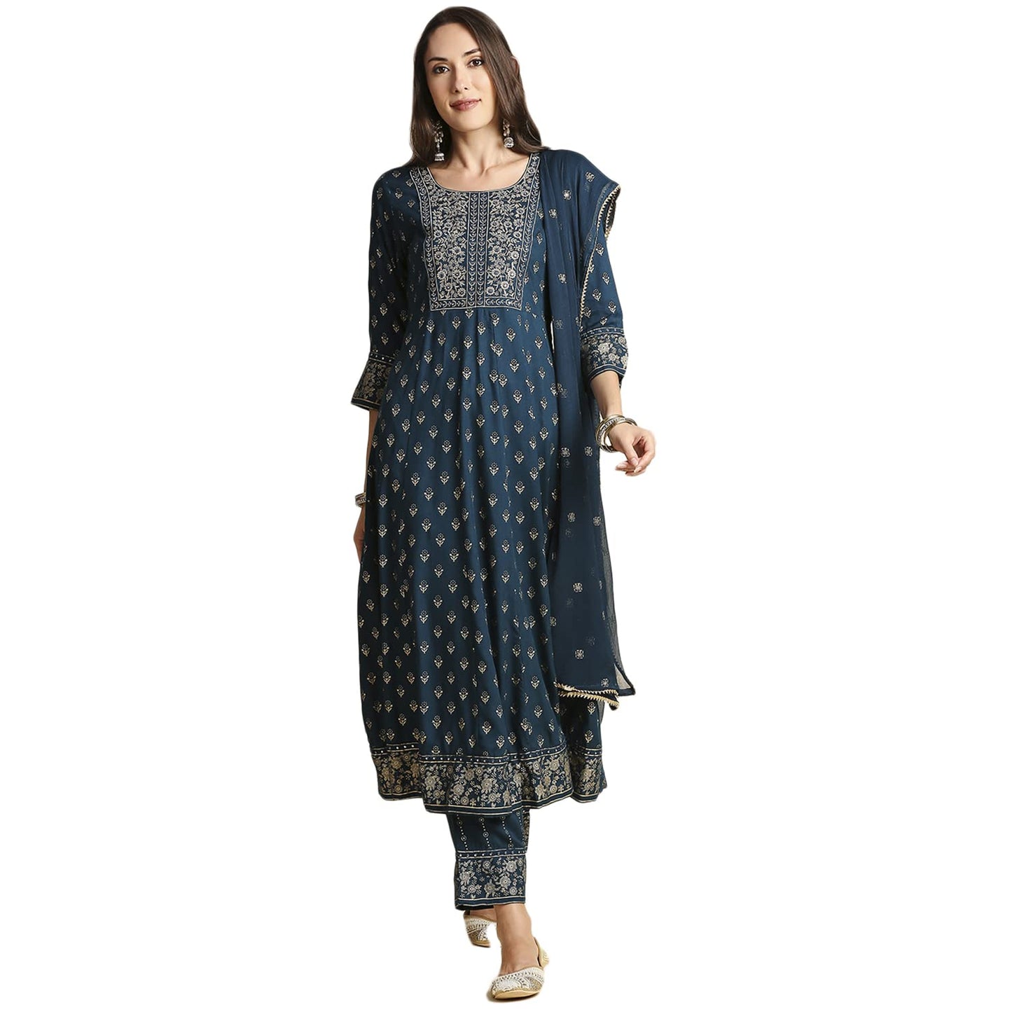 Anubhutee Navy Blue Ethnic Print Anarkali Kurta Pant Suit Set With Dupatta For Women