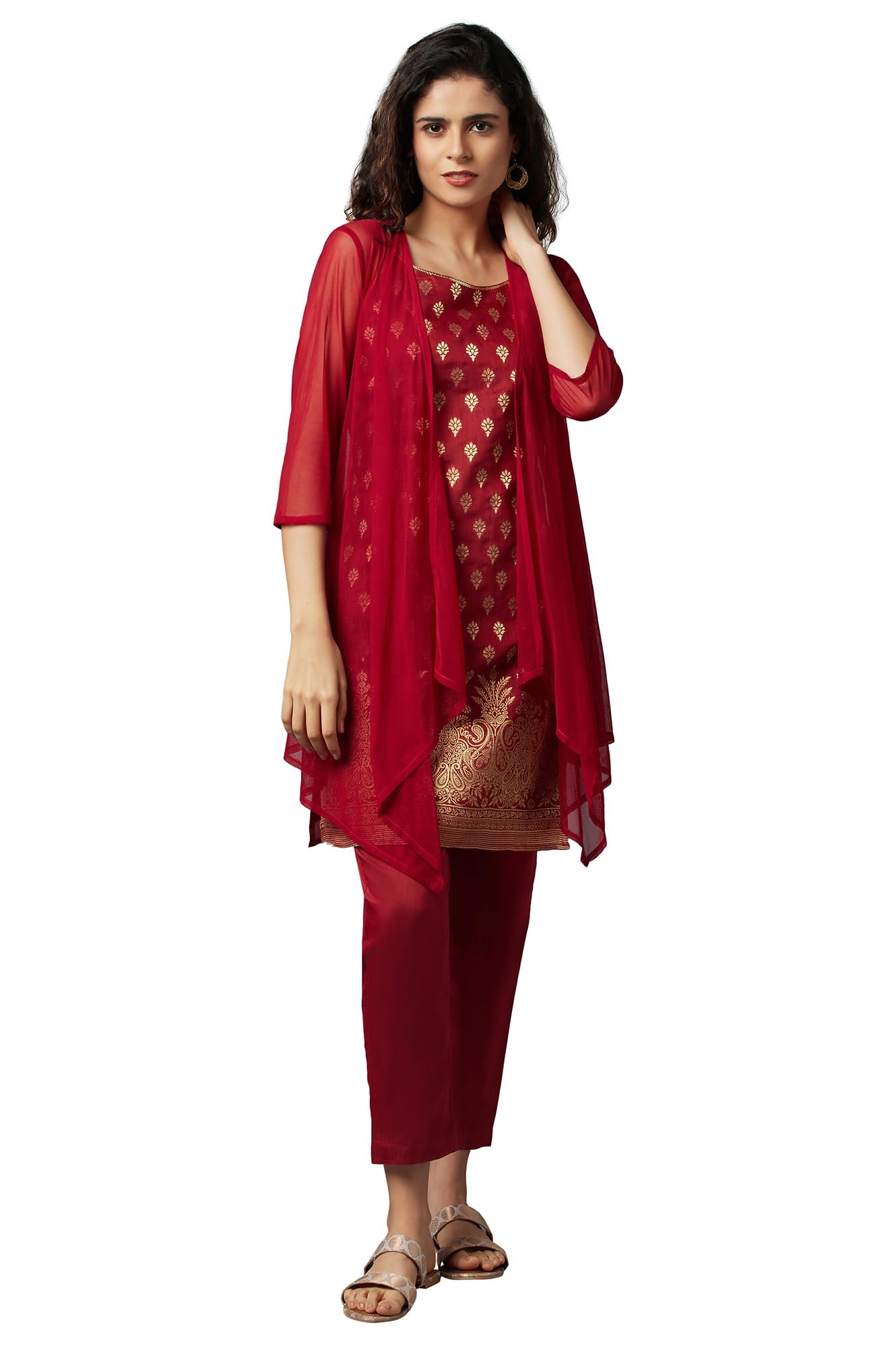 Aurelia Red Gilet, Kurti and Trousers Set (Size: S)-22FEAS13226-505228