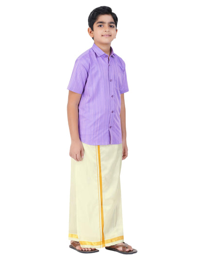 Boys Cotton Half Sleeve Self Design Shirt With Stitched Art Silk Dhoti For Boys (Madriyad-Purple)