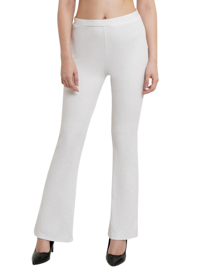 POPWINGS Casual White Sparkle Solid Mid Rise Bootcut Trouser for Women || Straight Leg Bootcut Trouser for Women || Regular Fit