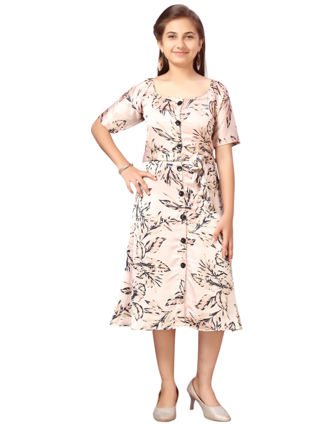 Aarika Girl's Pure Silk Fit and Flare Below The Knee Dress (MD-A-22527_Pink_32)