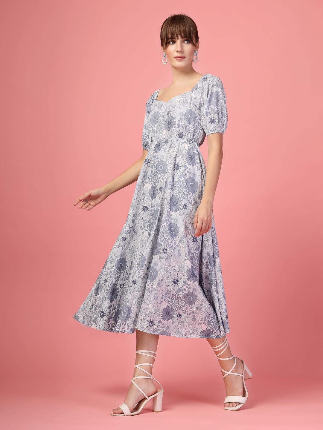 Oomph! Flared Dress For Women Stylish | Long One Piece For Women | Puff Sleeve Long Dress | Floral Print Maxi One Piece | Wester