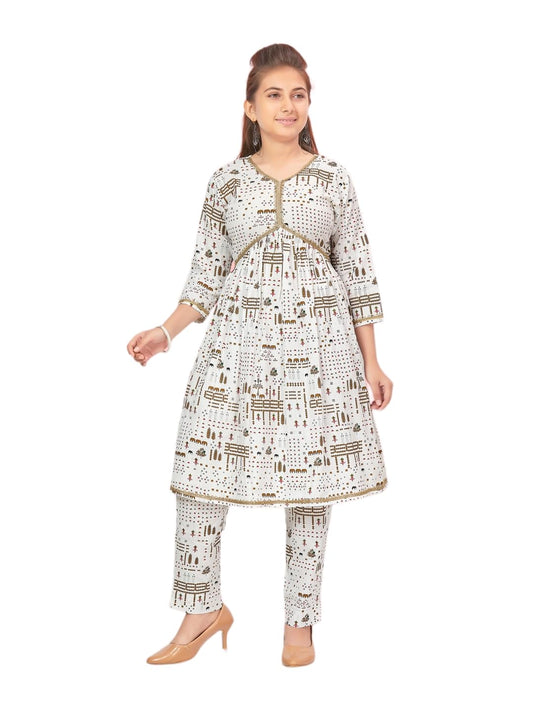 Aarika Girls Cream-Blue Color Cotton Kurti Pant Set