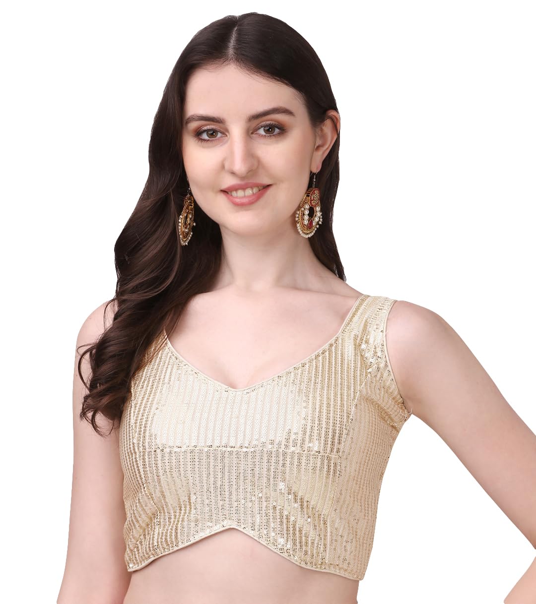 Pujia Mills Womens Multicolor Sweetheart Neck Georgette Line Soft Embroidery Sequence Zari Work Sleeves Readymade Saree Blouse