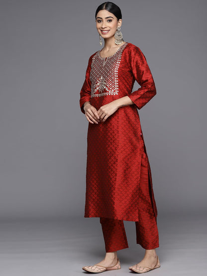 VARANGA Women's Silk Blend Kurta set (NV_VSKD31134_VARDUP1153_Maroon